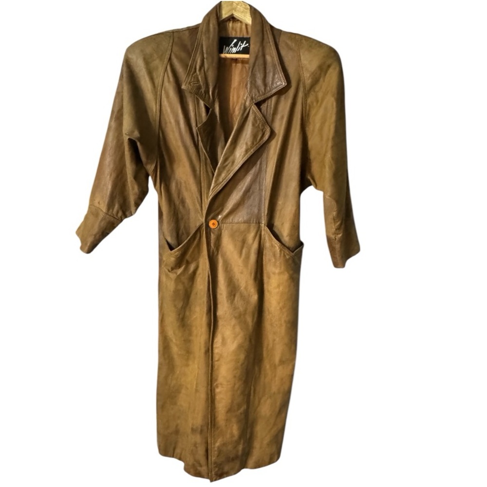 VINTAGE 1989 WINLIT BROWN LEATHER DOUBLE BREAST TRENCH COAT SIZE MEDIUM